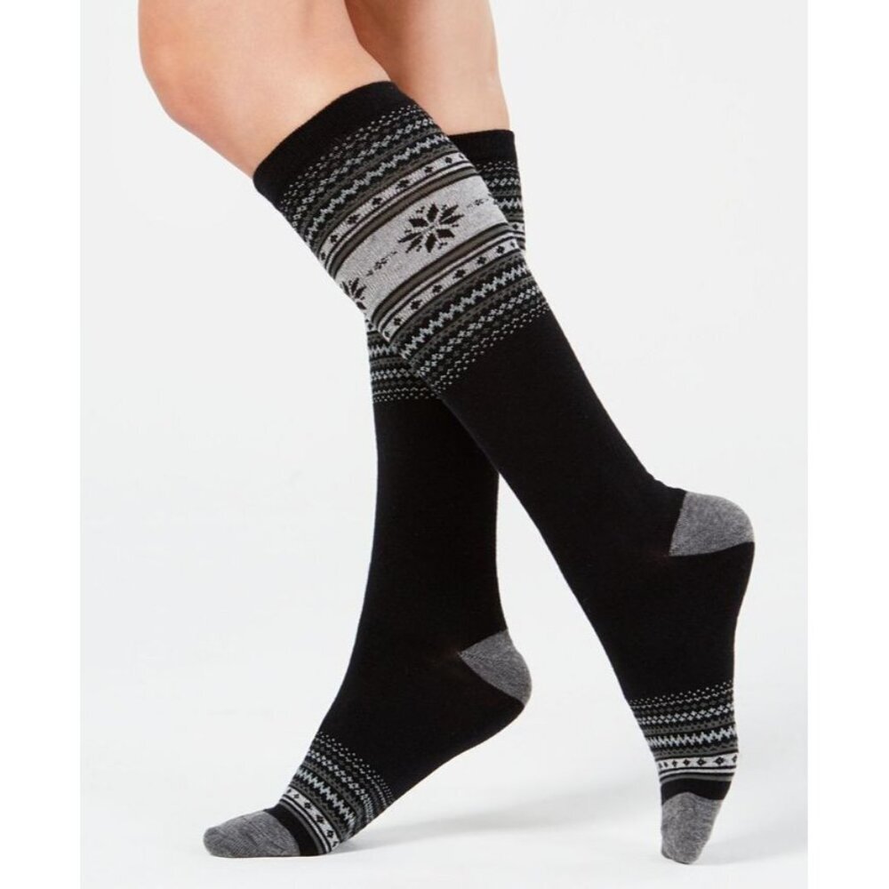 Charter‎ Club Womens Sock Size 9-11 Fair Isle Holiday Knee High Socks Black 2501